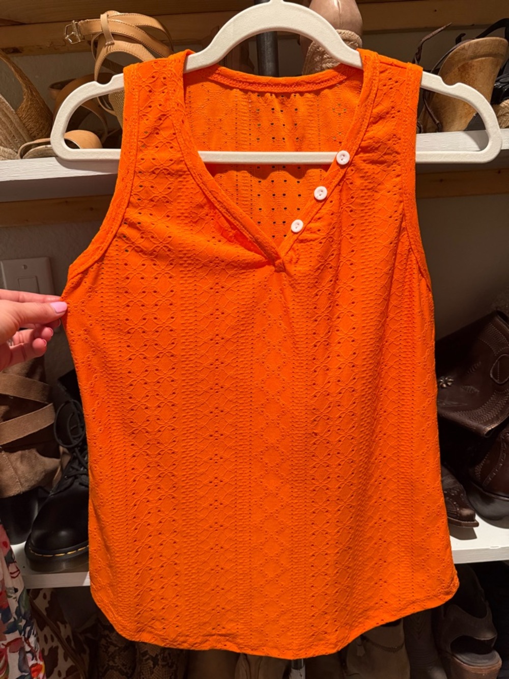 SHEIN Bright Orange Eyelet V-Neck Tank with Button Detail